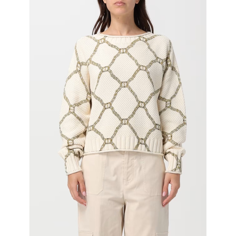 TWINSET Chain Print Sweater Cotton Knit Rolled Boat  Neck Cropped  Jumper  XS
